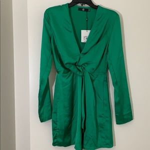 Misguided green long sleeve satin midi dress